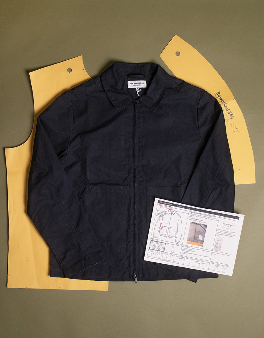 A black jacket displayed with yellow pattern pieces and a technical sheet.