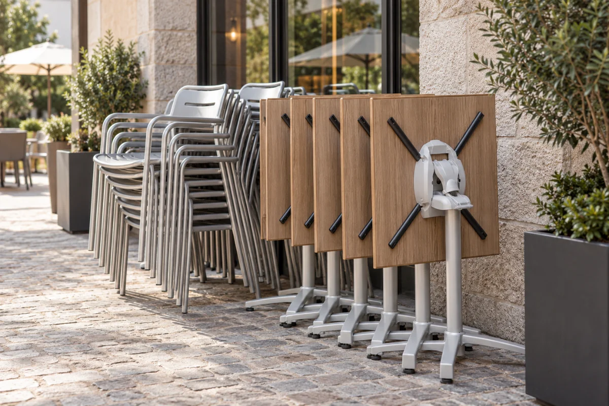 Stacked commercial outdoor dining chairs and folding tables stored beside a hotel restaurant terrace