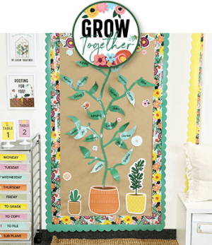 Neutrals Classroom Door decorated with Grow Together classroom theme