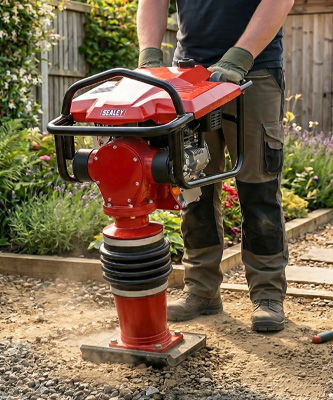 A person operating a red compactor in a garden setting.
