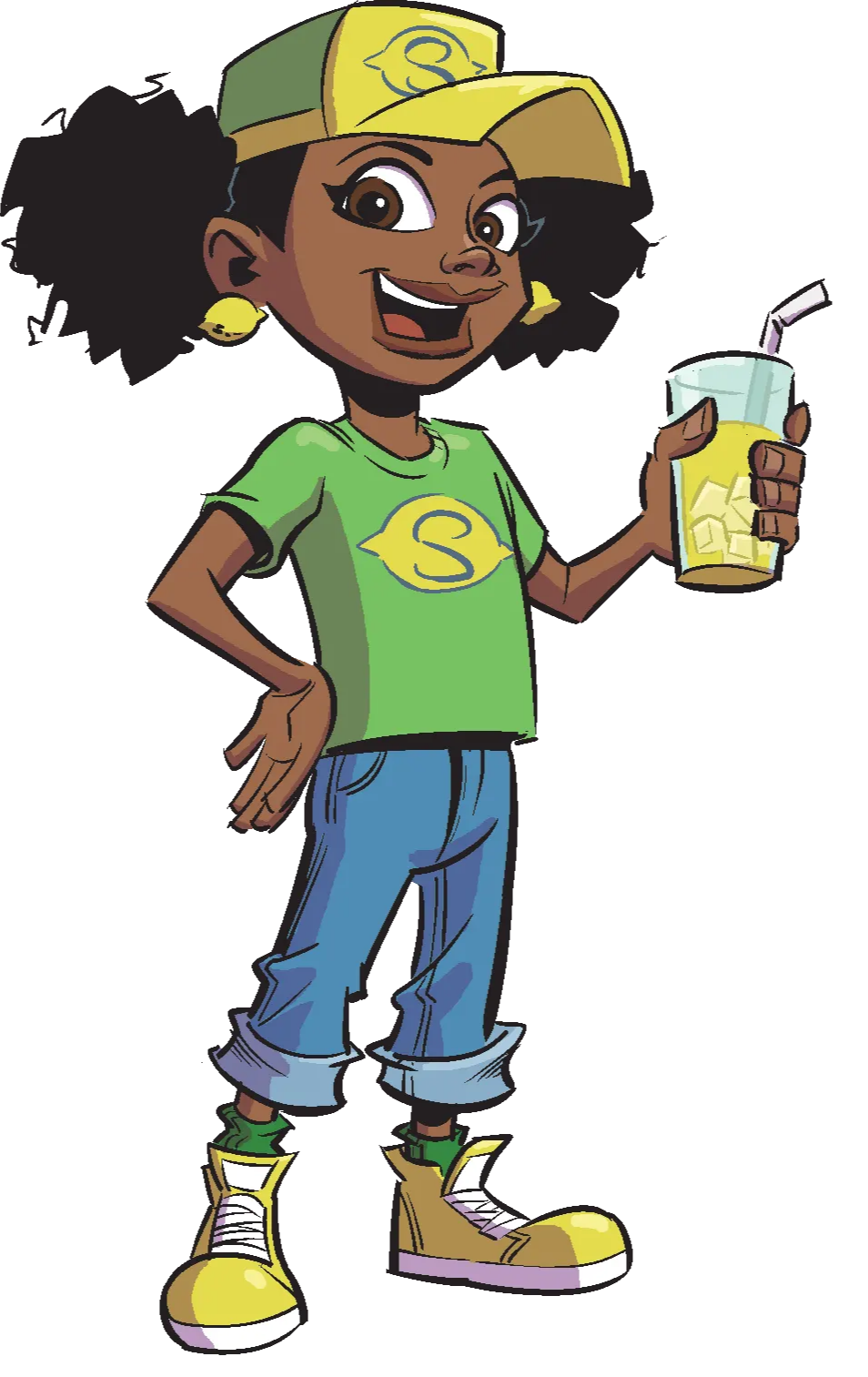 Cartoon of a young girl drinking lemonade