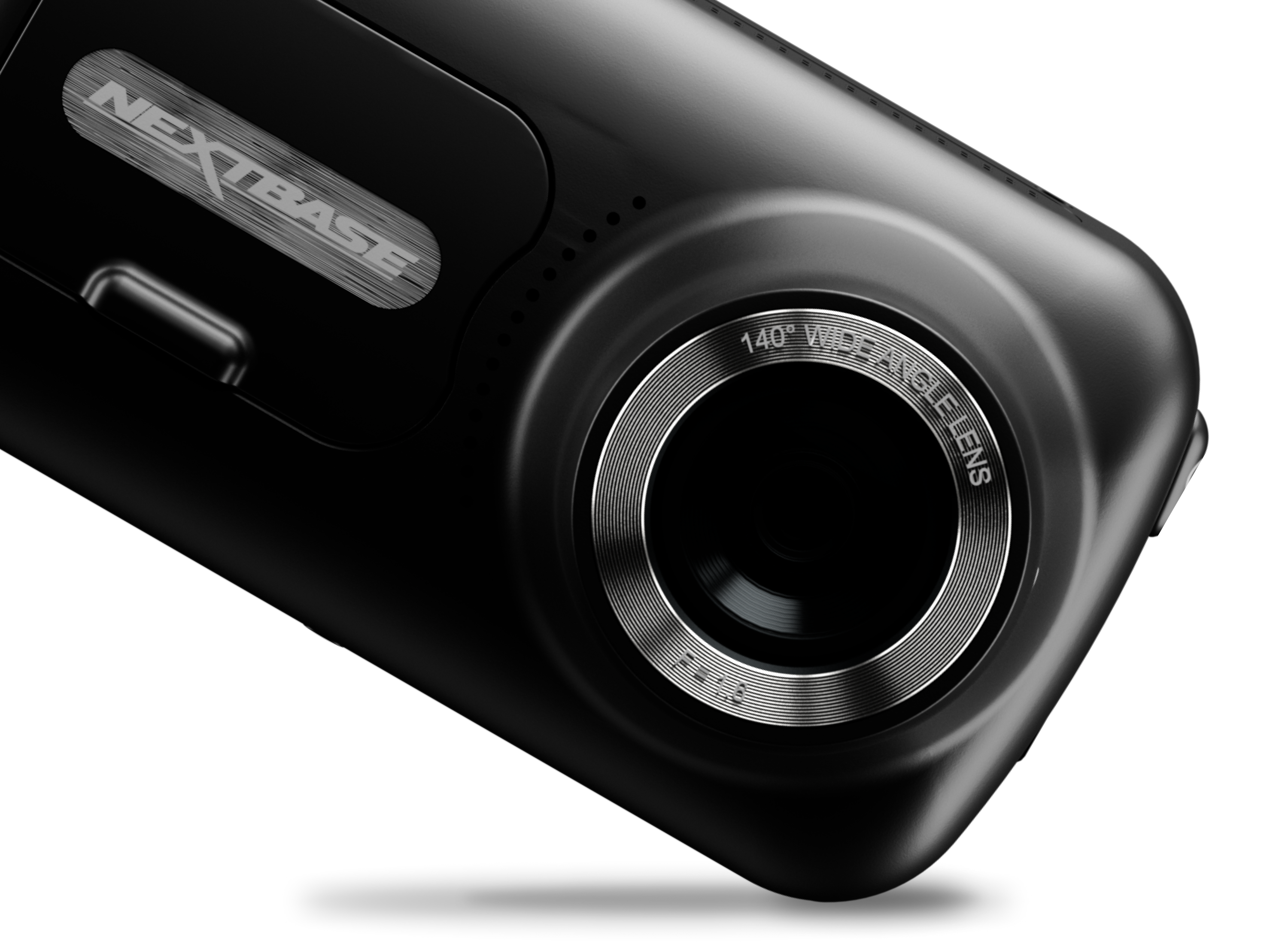 Close-up of a black camera with a circular lens.