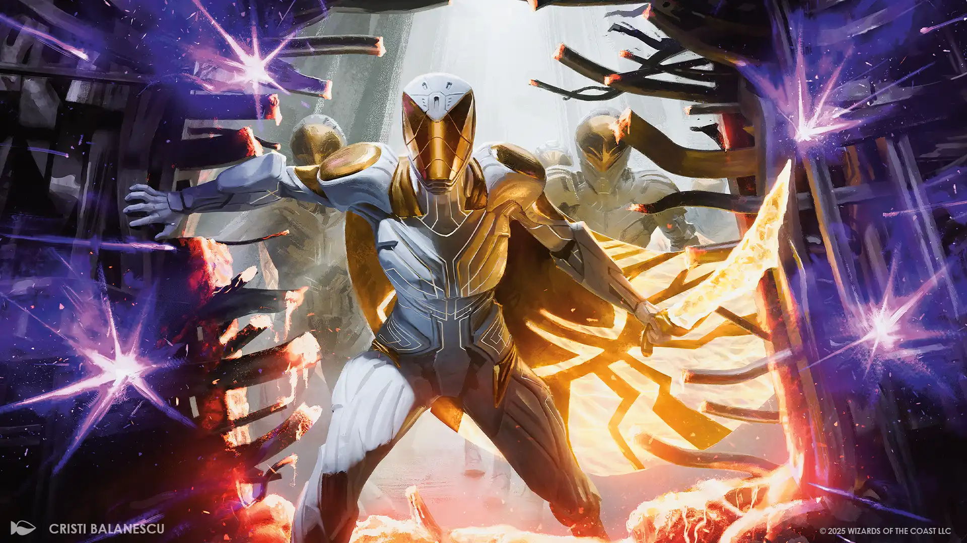 A heroic figure from the Edge of Eternities Commander deck, in a futuristic costume surrounded by energy and light.