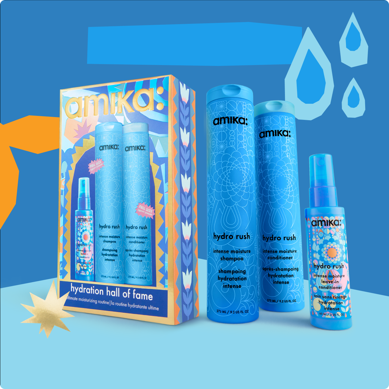 Amika hair care products in a colorful packaging with water droplets.