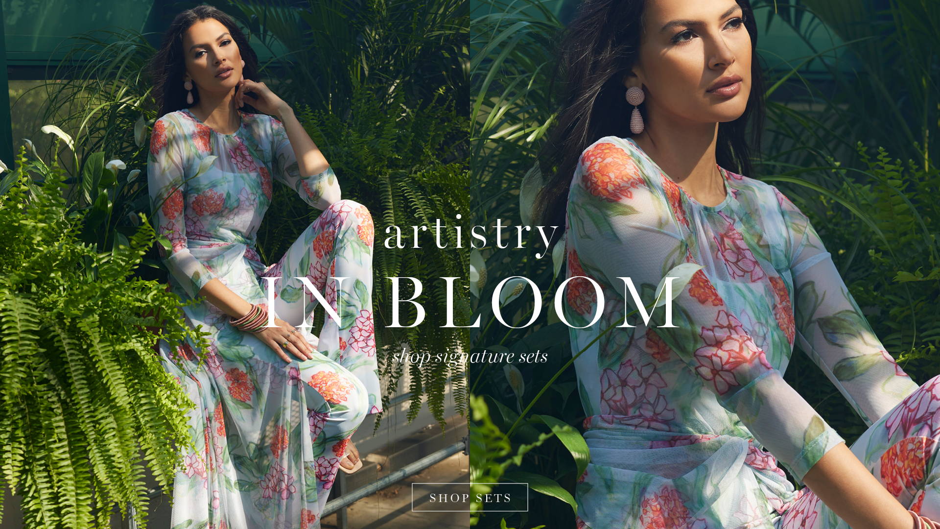 artistry in BLOOM | shop signature sets | Woman wearing mesh floral cover up topper over knit printed tank top and pants | Shop Sets