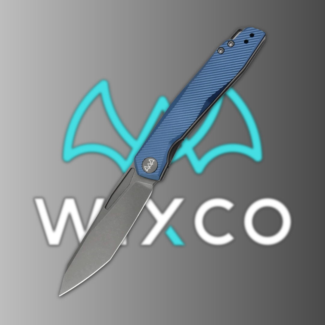 A blue folding knife against a gradient background with a logo.