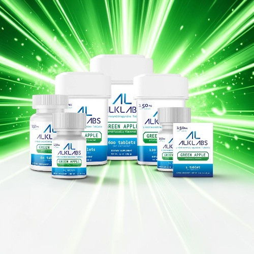 Various health supplement bottles with a vibrant green background.