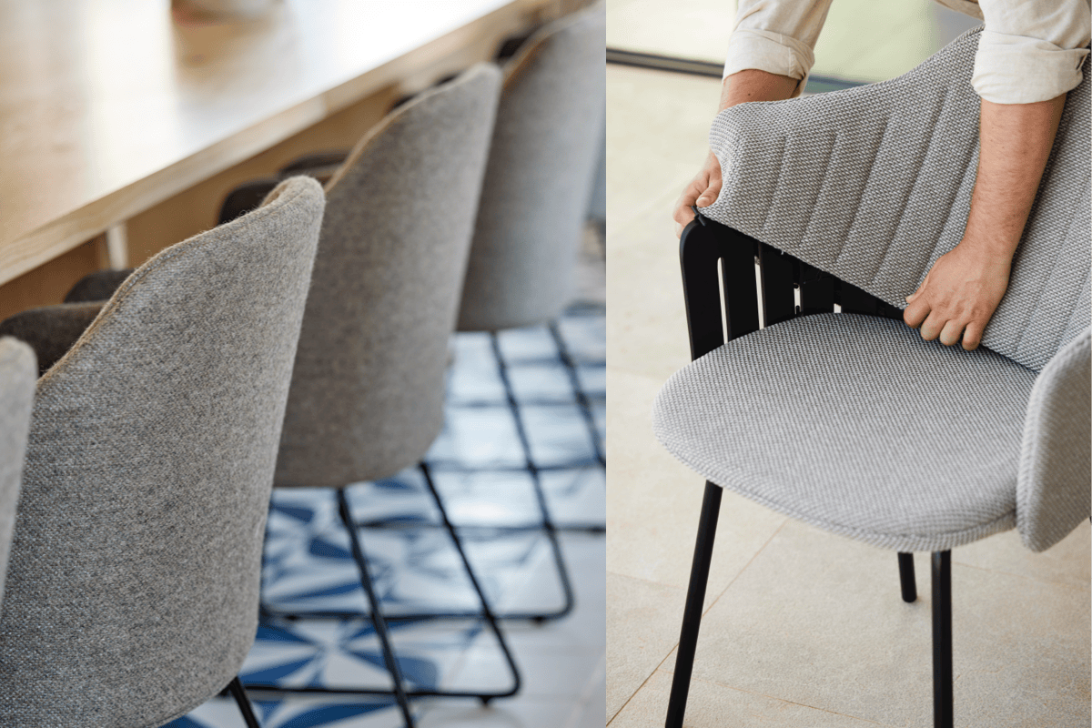 Close-up of commercial outdoor chair upholstery and removable cushion cover for hospitality furniture