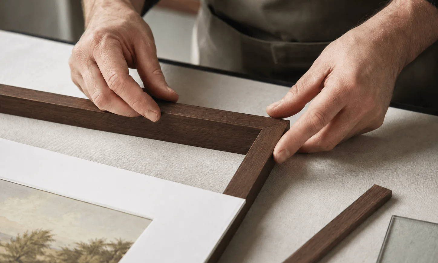 Hands assembling a wooden frame around a picture on a table.