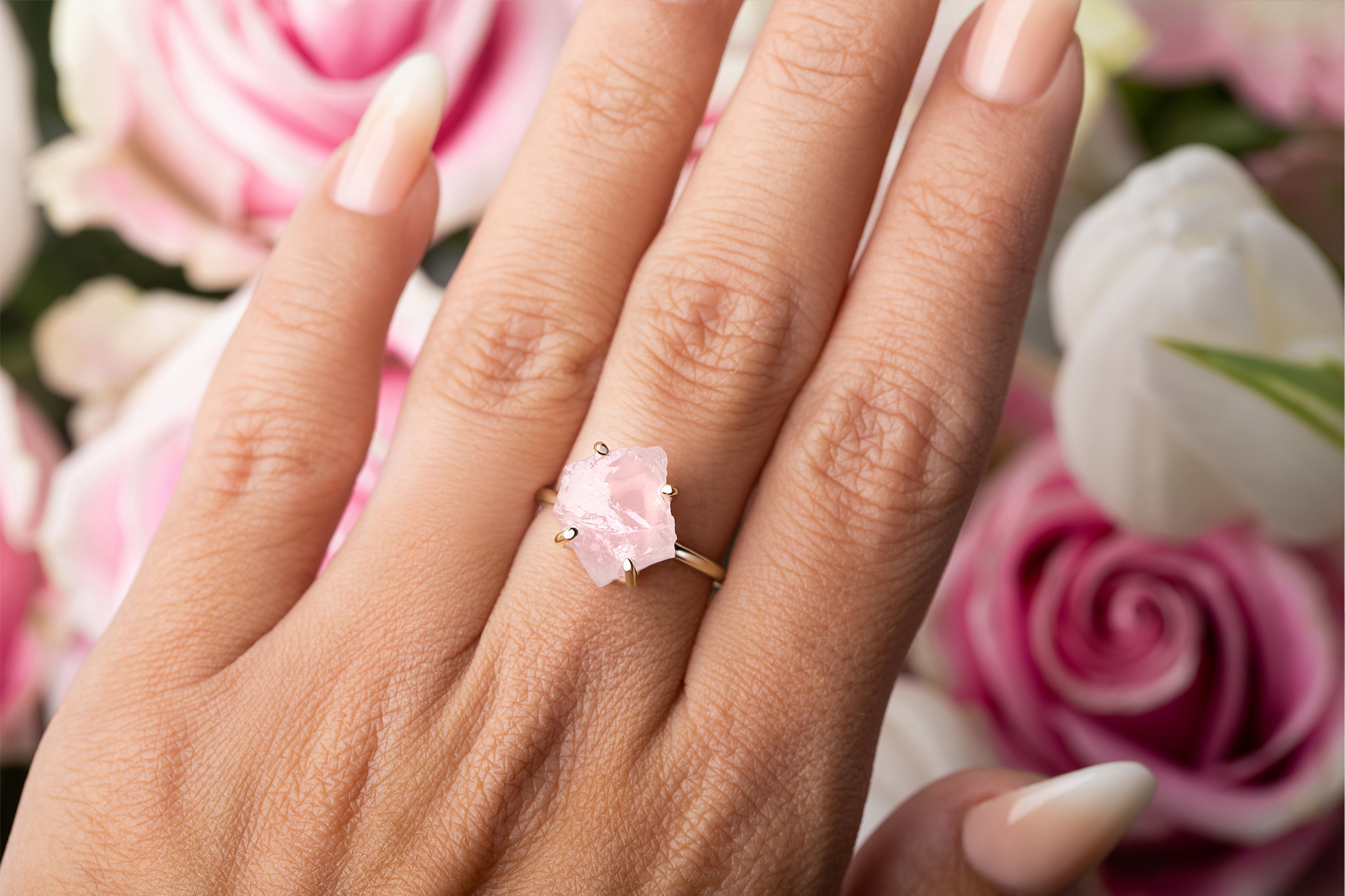The Raw Crystal Ring Rose Quartz on a woman's hand.