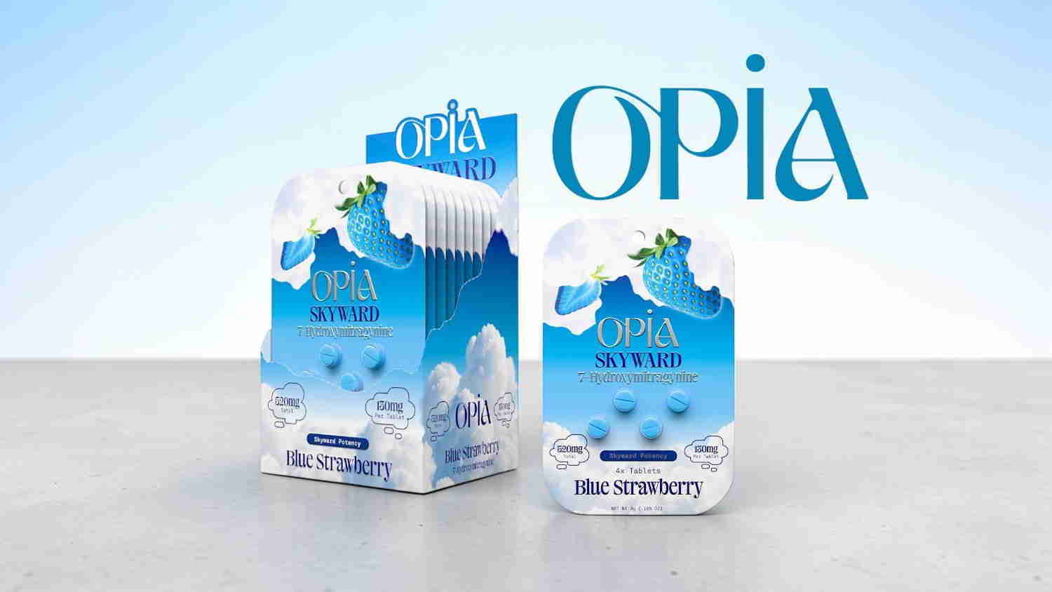 Packaging of Opia brand, featuring blue and white design with clouds.