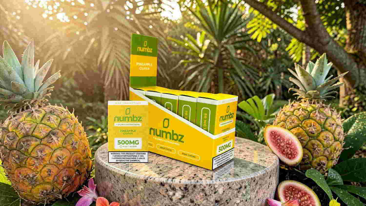 Product packaging surrounded by tropical fruits in a lush garden setting.