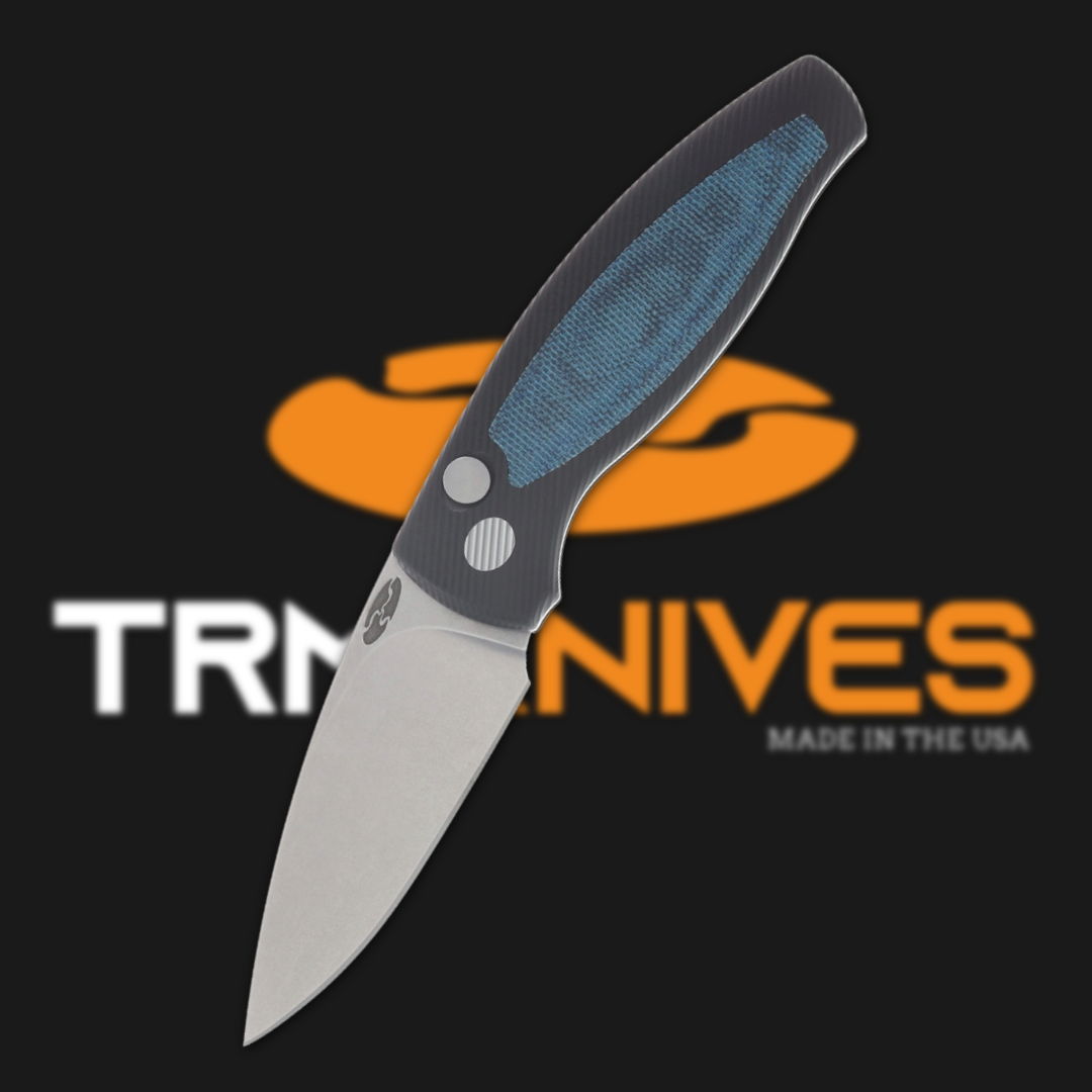 Folding knife with a blue handle against a black background and logo.