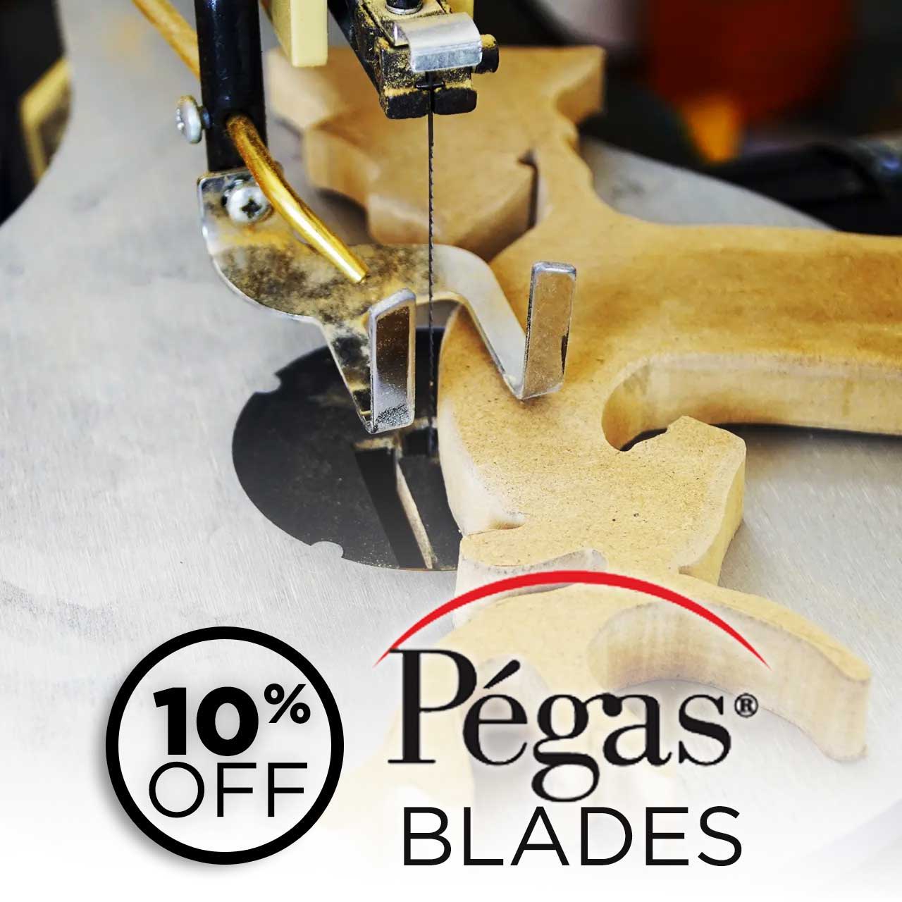 Image of a saw cutting wood with a promotion for Pégas blades.