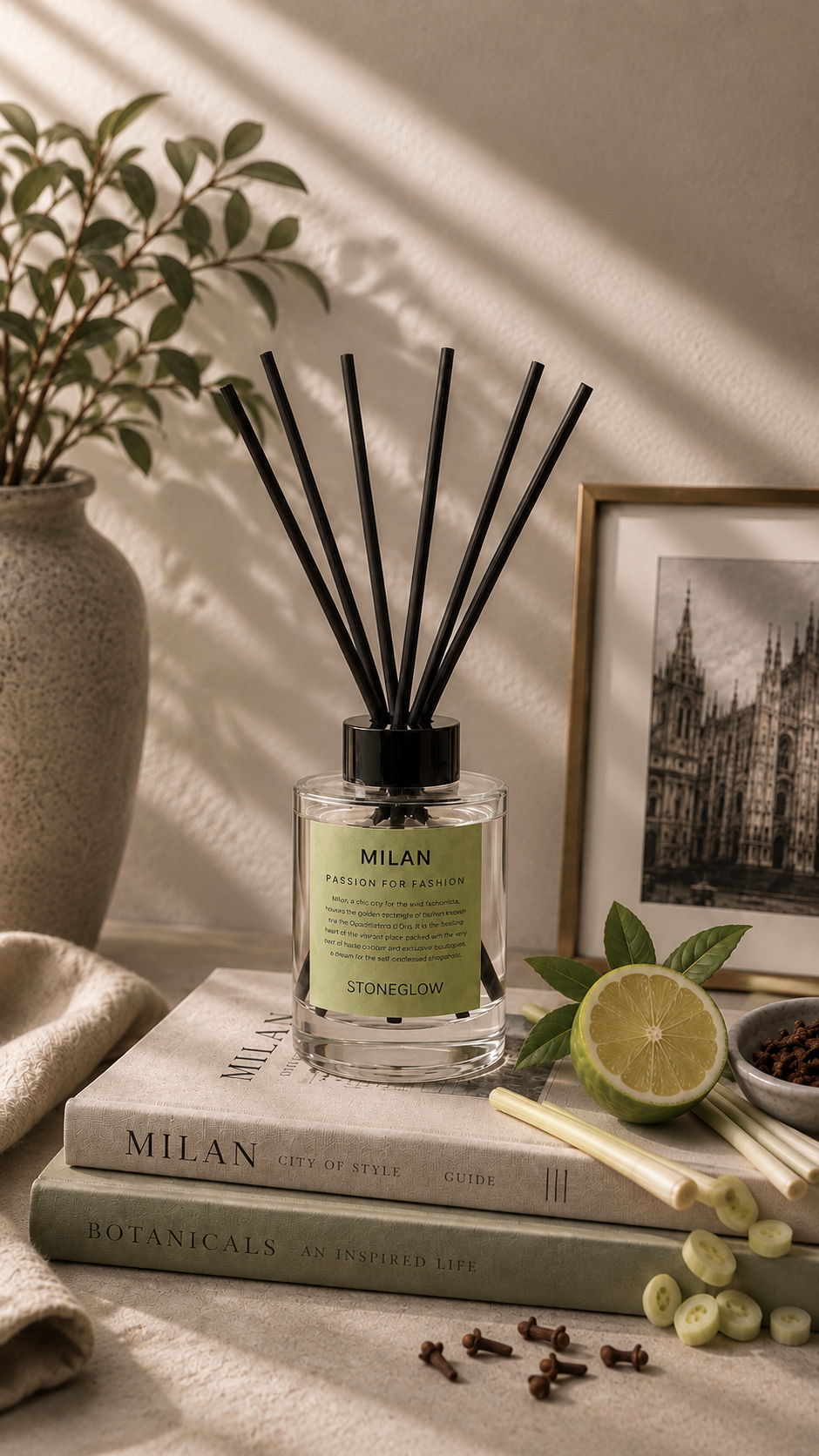 A diffuser with reeds, books, and decorative elements on a table.