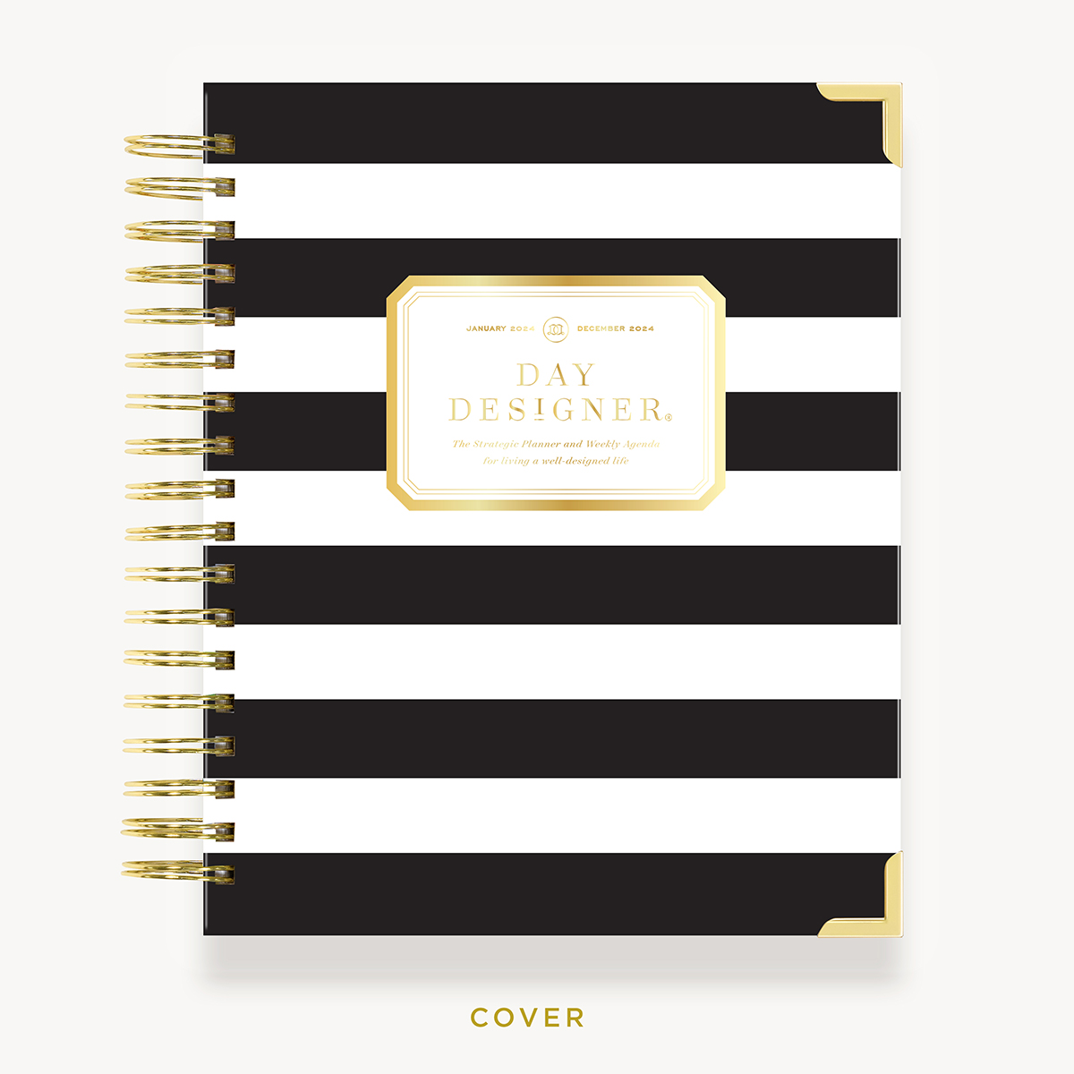 black and white striped full size daily planner cover with gold binding, corner protectors, day designer logo