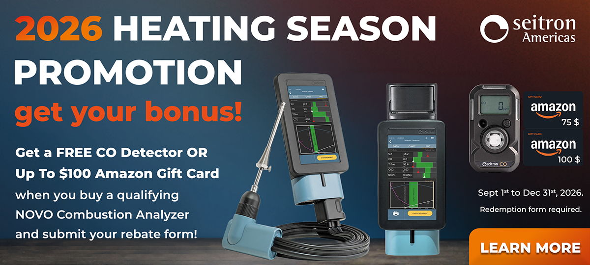 Seitron 2026 Heating Season Promotion - get a free CO detector or up to a $100 Amazon Gift Card with a qualifying NOVO Combustion Analyzer purchase