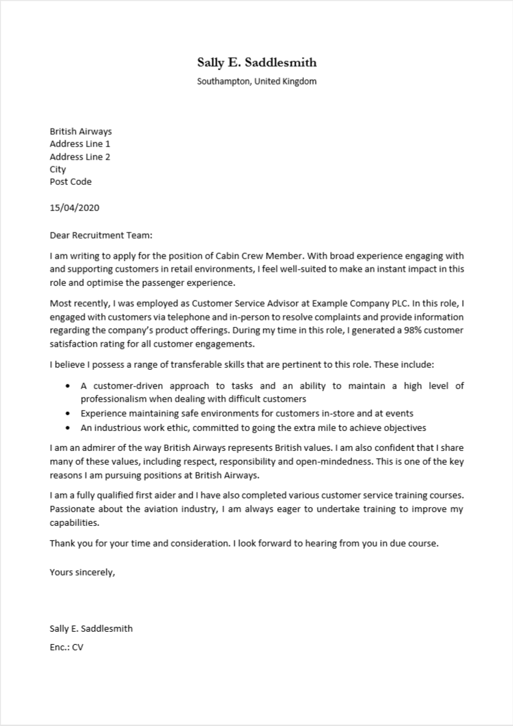 Cabin Crew Cover Letter Example - No Experience