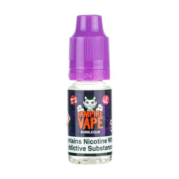 Bottle of Vampire Vape e-liquid with purple cap and warning label.