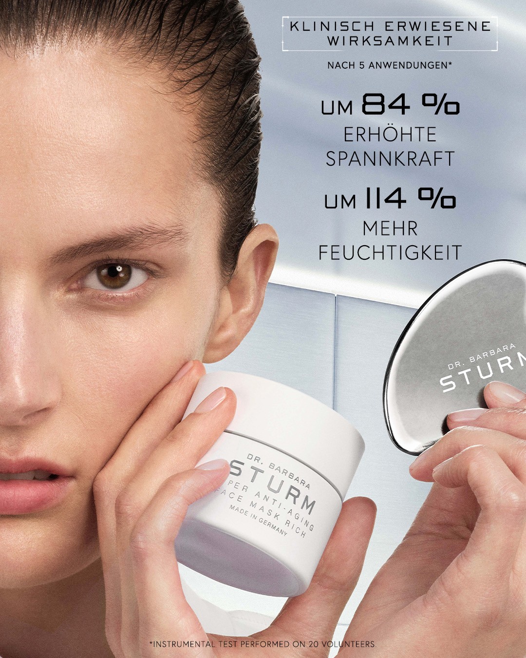 Woman holding skincare product with text about increased skin firmness and moisture.