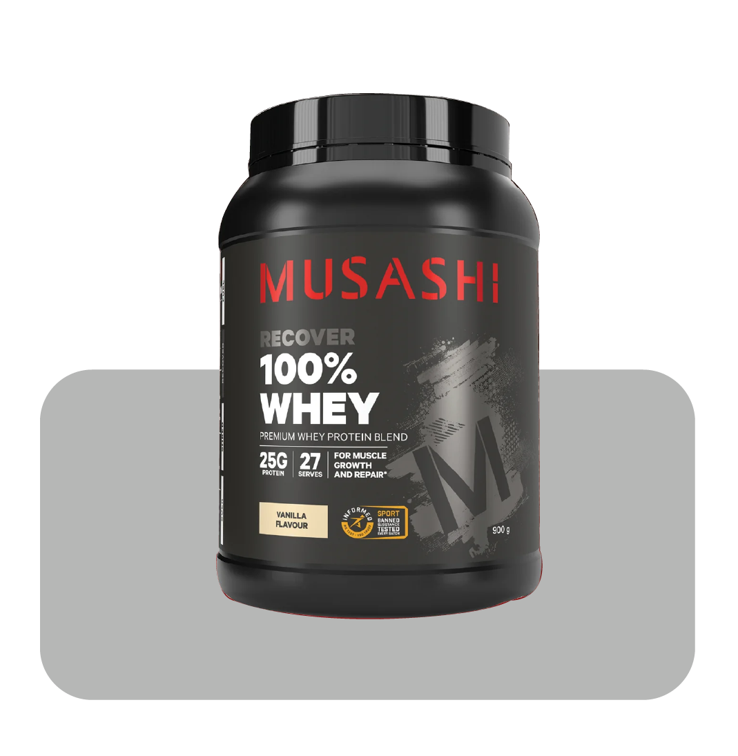 Container of Musashi 100% Whey protein powder.