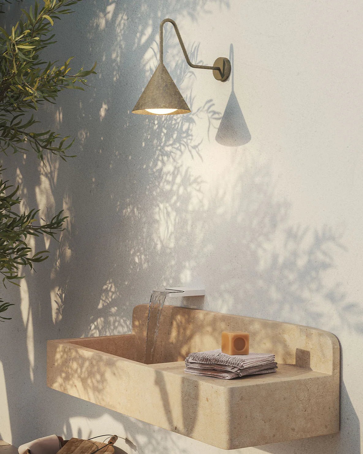 Exterior Cone Gooseneck Wall Light displayed above a sink outside 