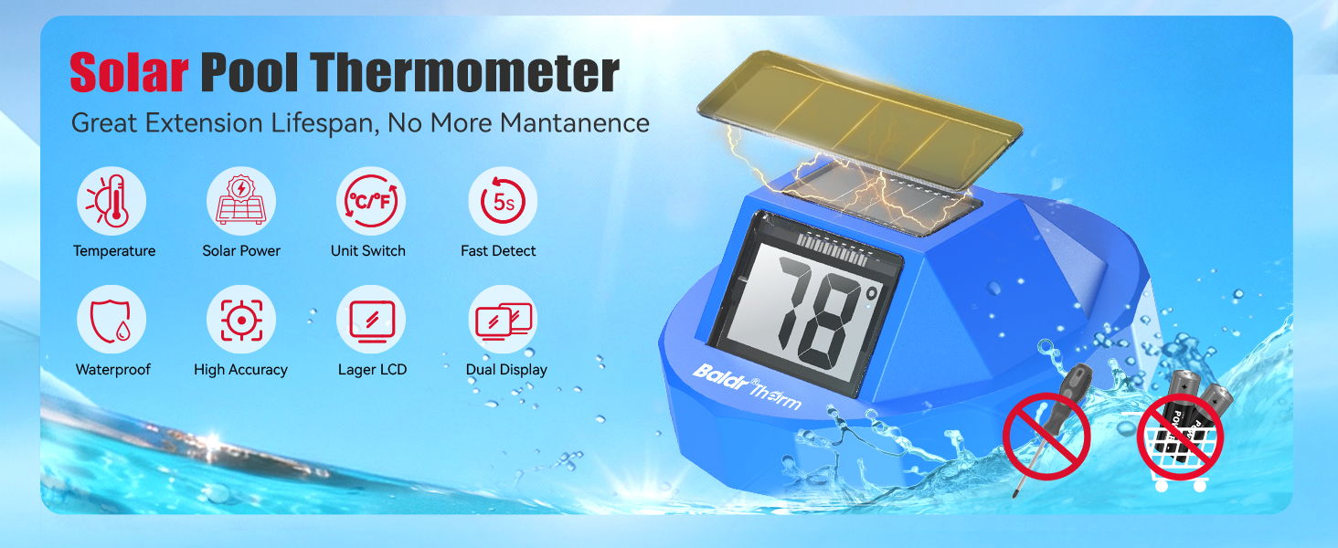 Solar pool thermometer displaying temperature with icons and no swimming symbol.