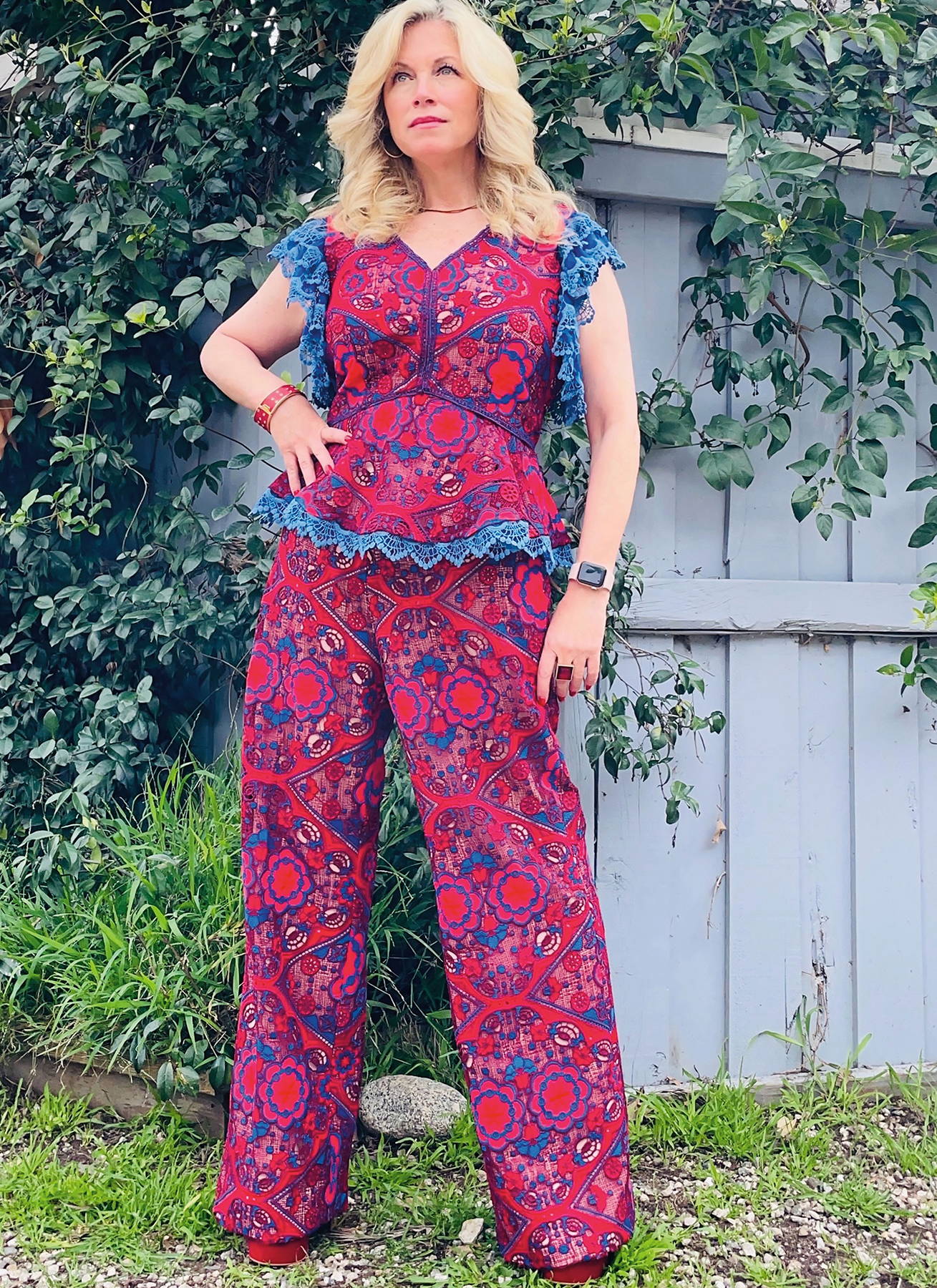 Female model in hot pink shirt and pants