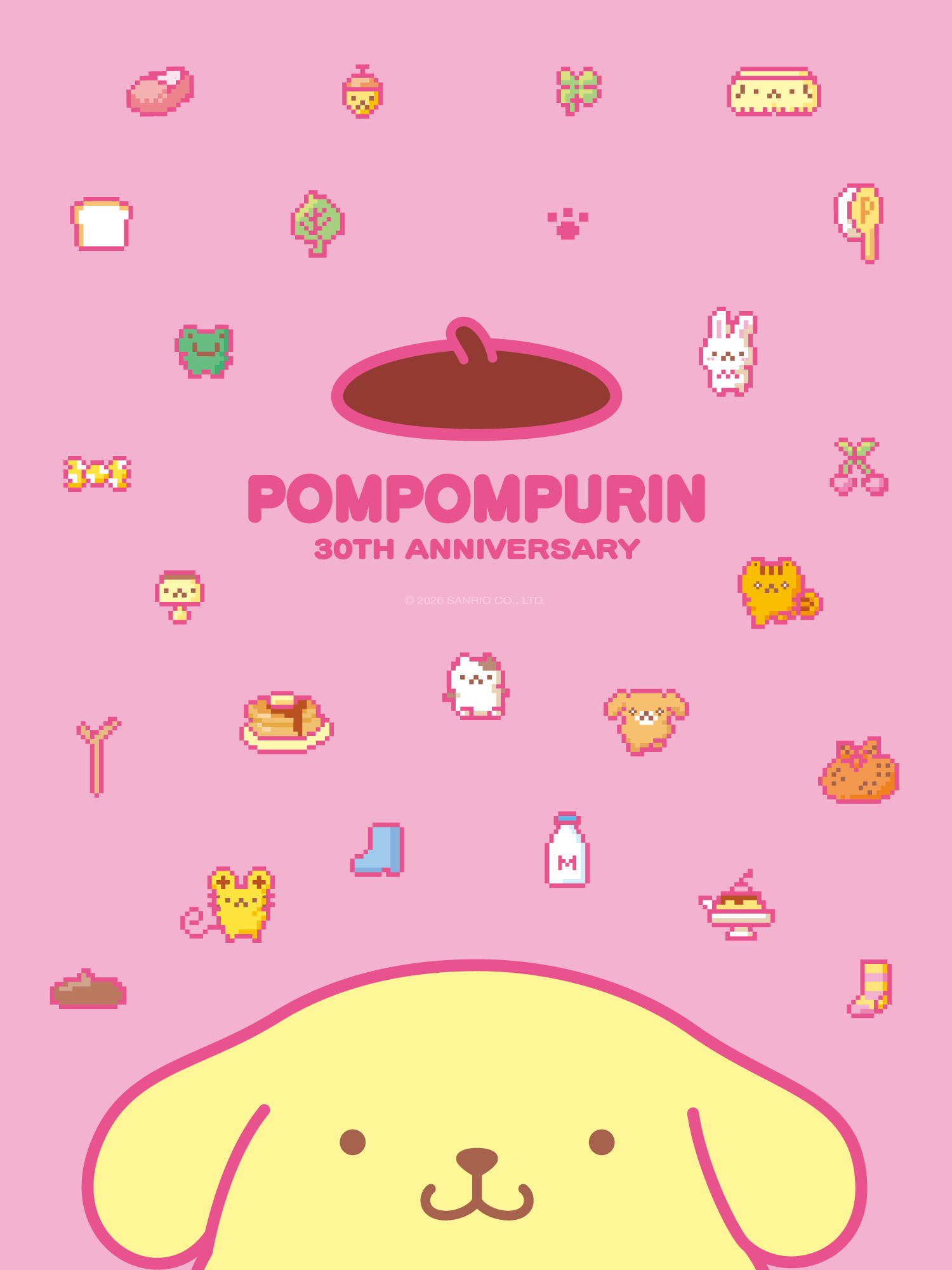 Pompompurin 30th Anniversary themed design with cute characters on a pink background.