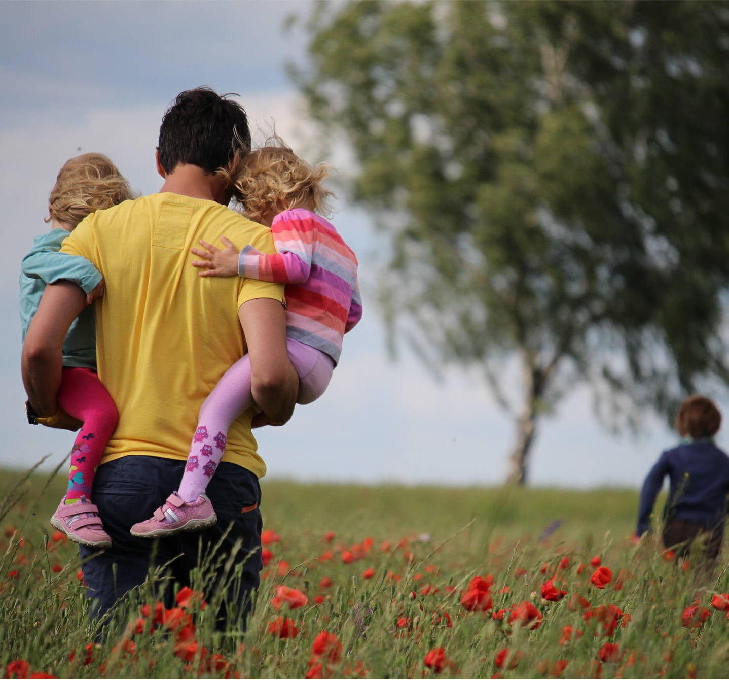 Otec nesie na rukách dve malé dievčatká cez pole s vysokým divým makom, zatiaľ čo ich brat beží