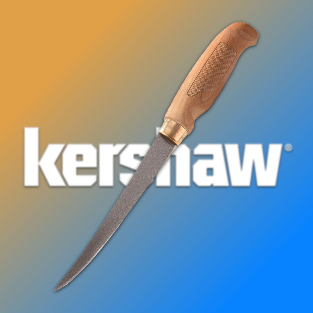 Kershaw logo with a fillet knife on a gradient background.