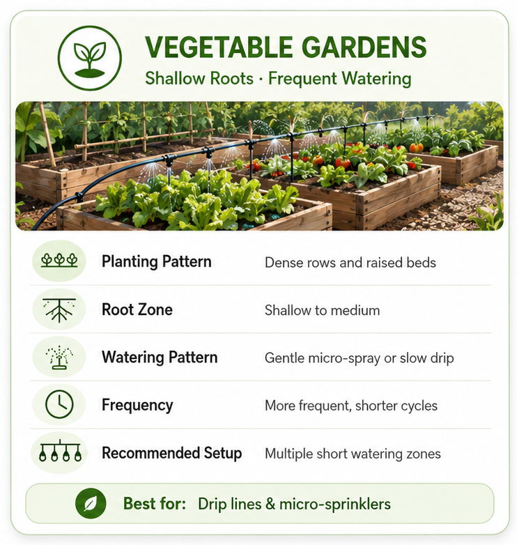 Infographic about vegetable gardens and their watering needs.