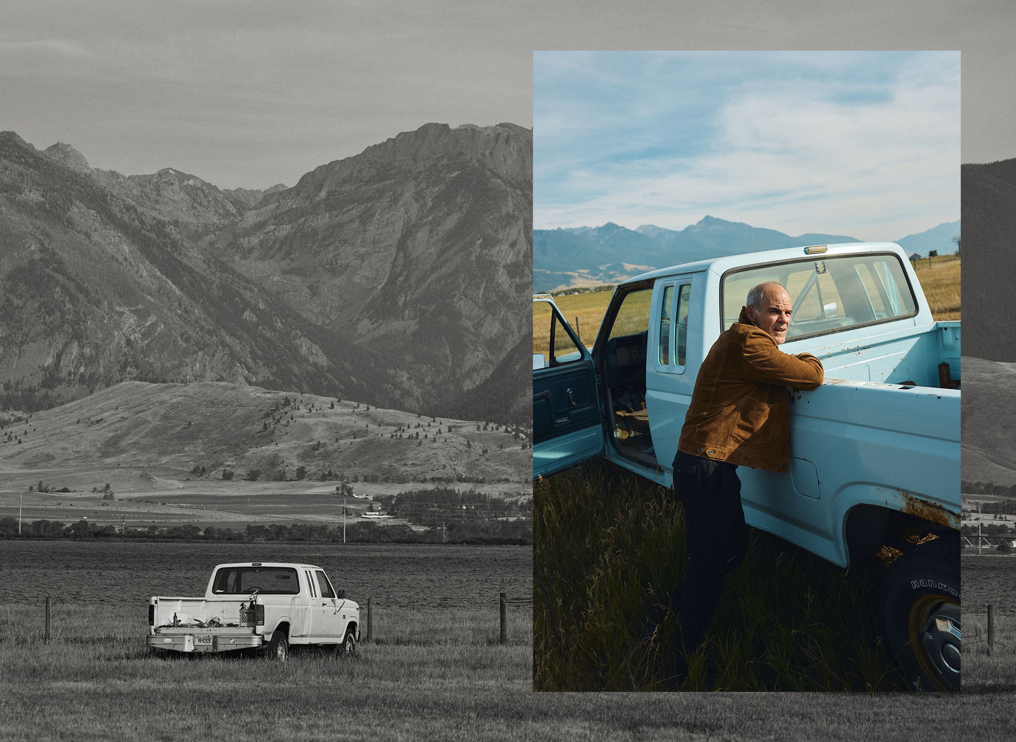Michael Kelly leaning on old blue ford pickup in a field wearing the Townes Italian Suede Type II Jacket and the Rivay Italian Wool Suit in Charcoal Herringbone Trousers