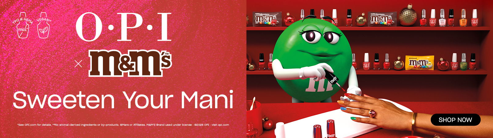 OPI and M&M's collaboration, featuring a green M&M character.