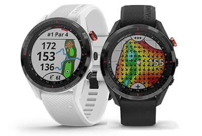 A white and black Garmin Approach S62 showing GPS distances and green contour 