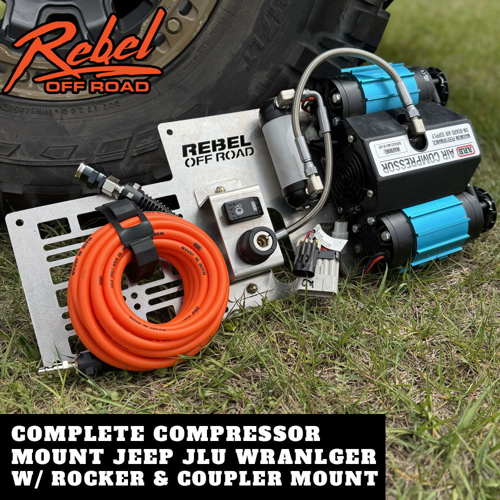 Complete compressor mount for Jeep JLU Wrangler with rocker and coupler mount.