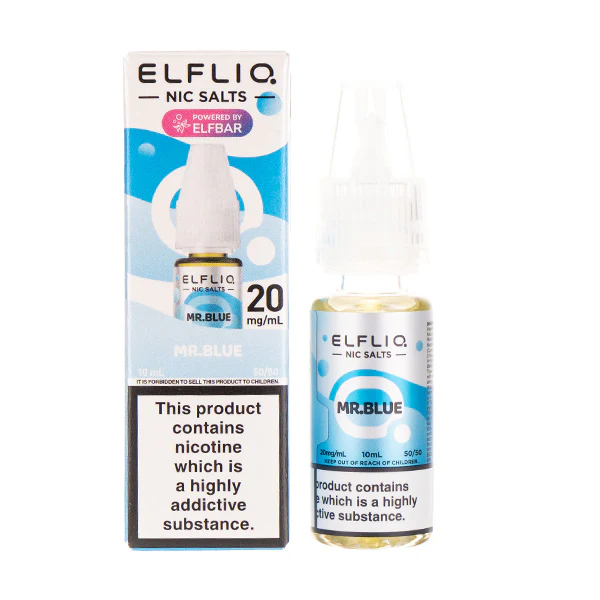 ELFLIQ Nic Salts e-liquid bottle and packaging with warning label.