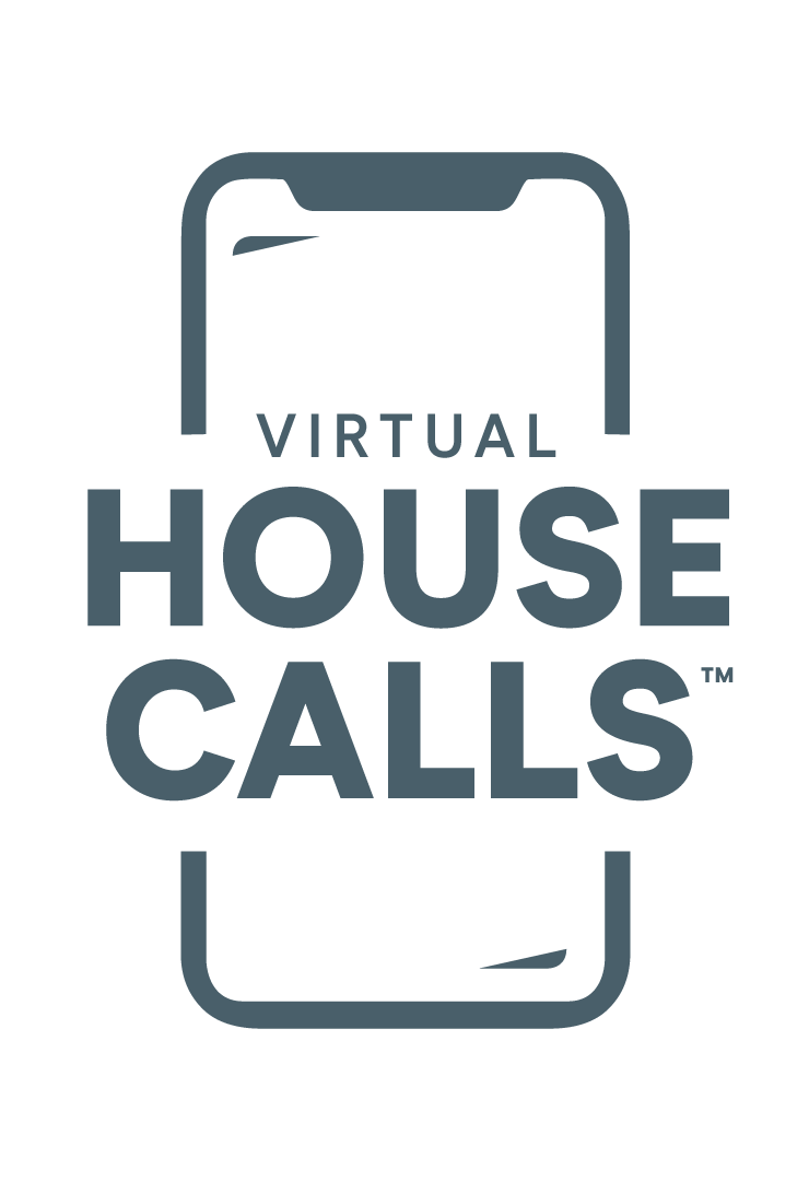 A black-and-white icon of a smartphone that reads Virtual House Calls