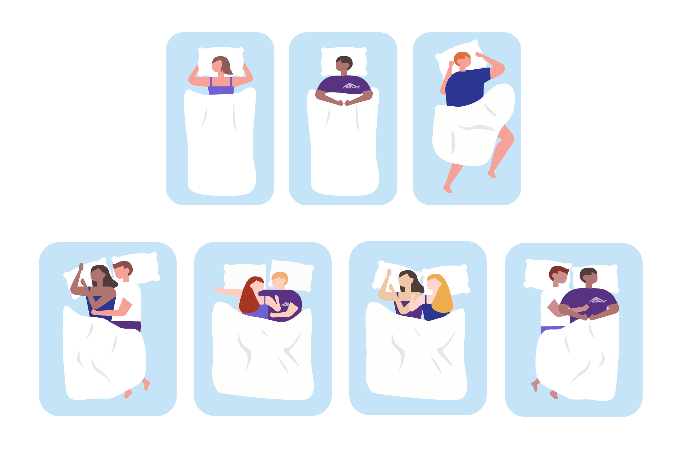 First line of image shows 3 different people in their beds. 1st person is sleeping on her stomach, 2nd and 3rd lines show couples in various sleep positions in bed. 
