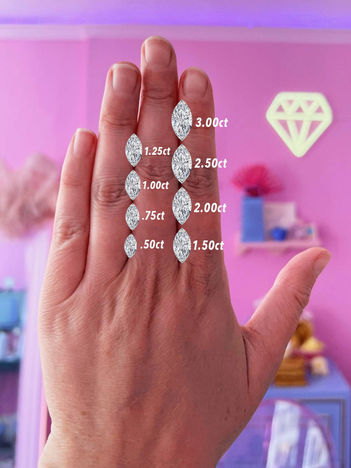 marquise cut diamond carat sizes on a hand