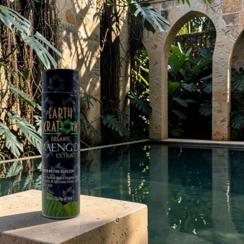 Can of Earthcraft organic energy drink near a pool in a tropical setting.