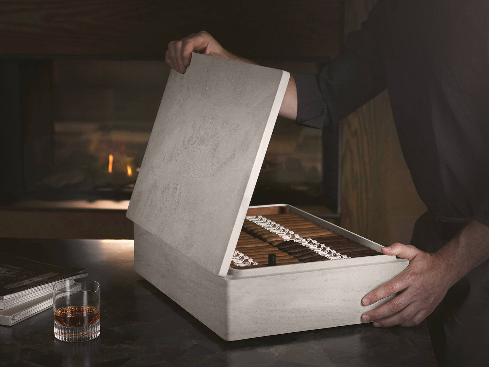 The opened Davidoff Monolith Humidor with cigars inside.