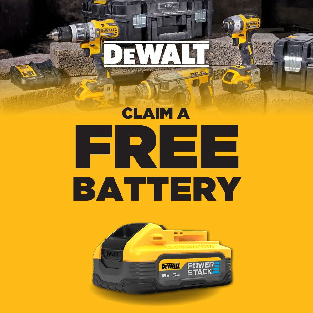 DeWALT promotional image offering a free battery with tools.