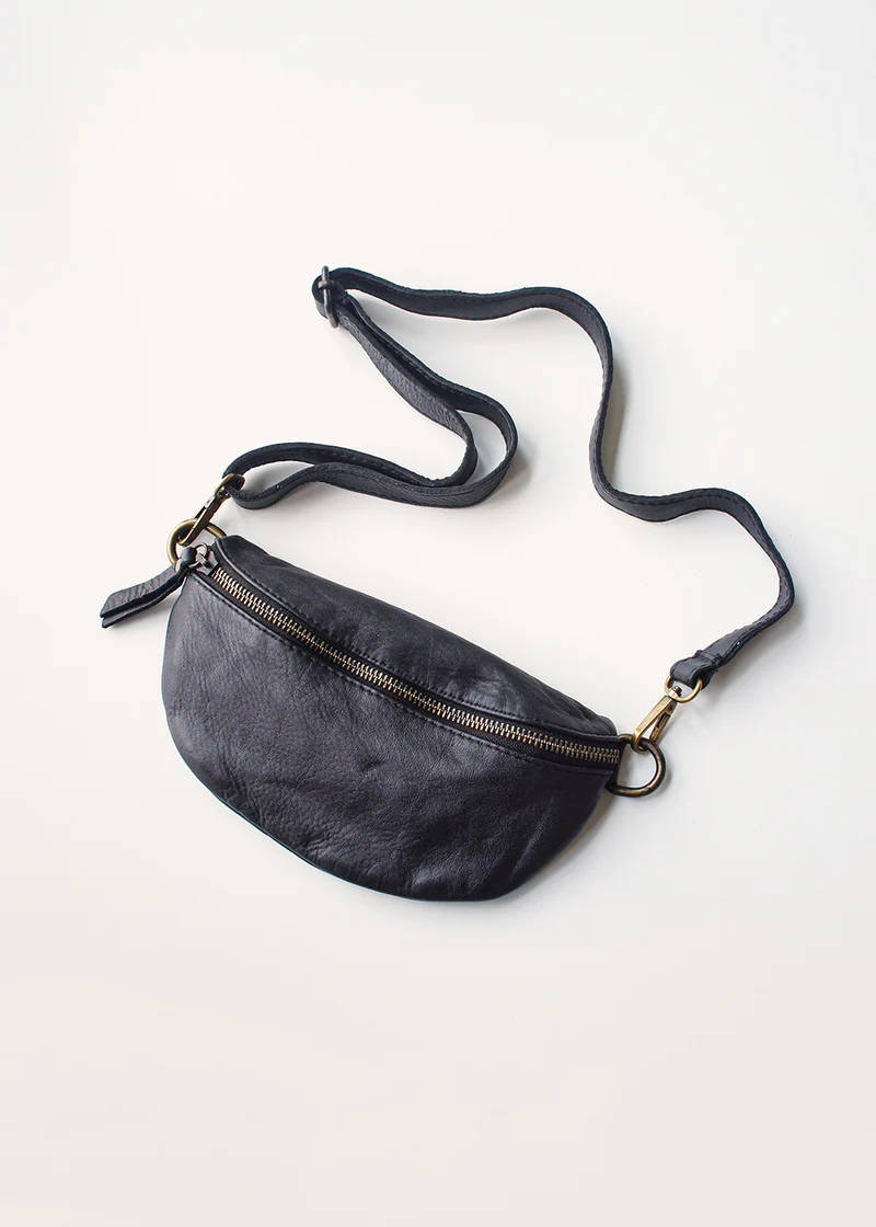 A small, black leather bum bag