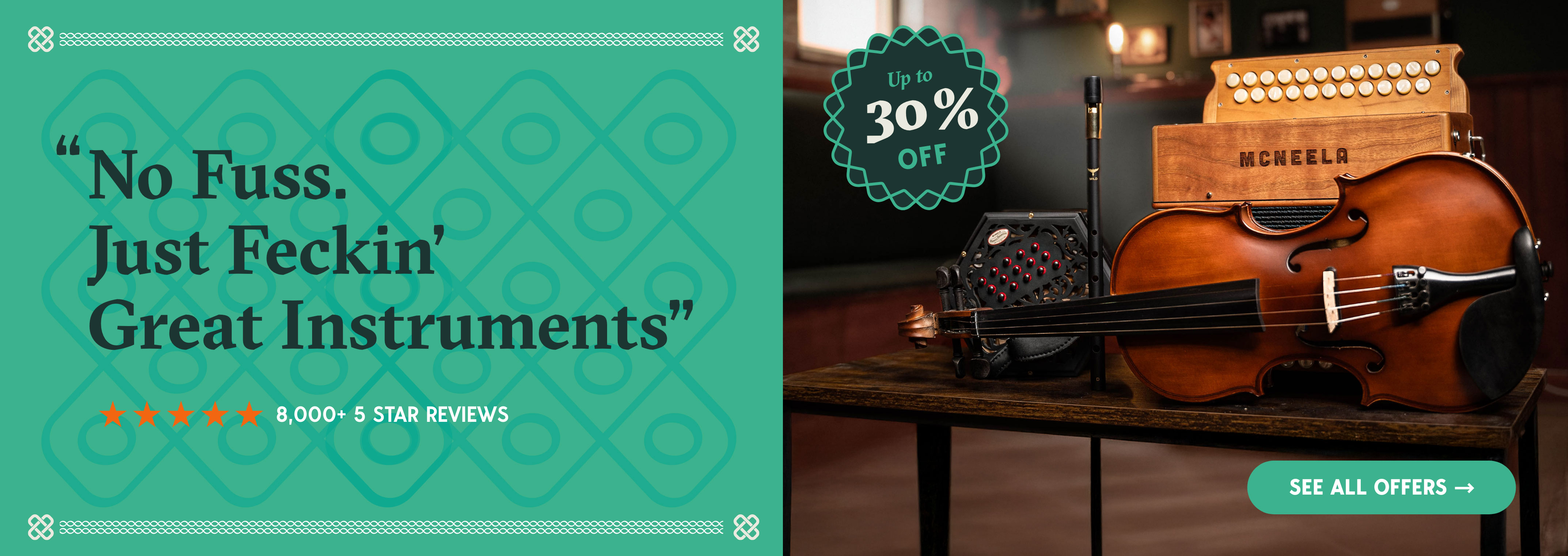 Promotional banner for musical instruments with discount offer and tagline.