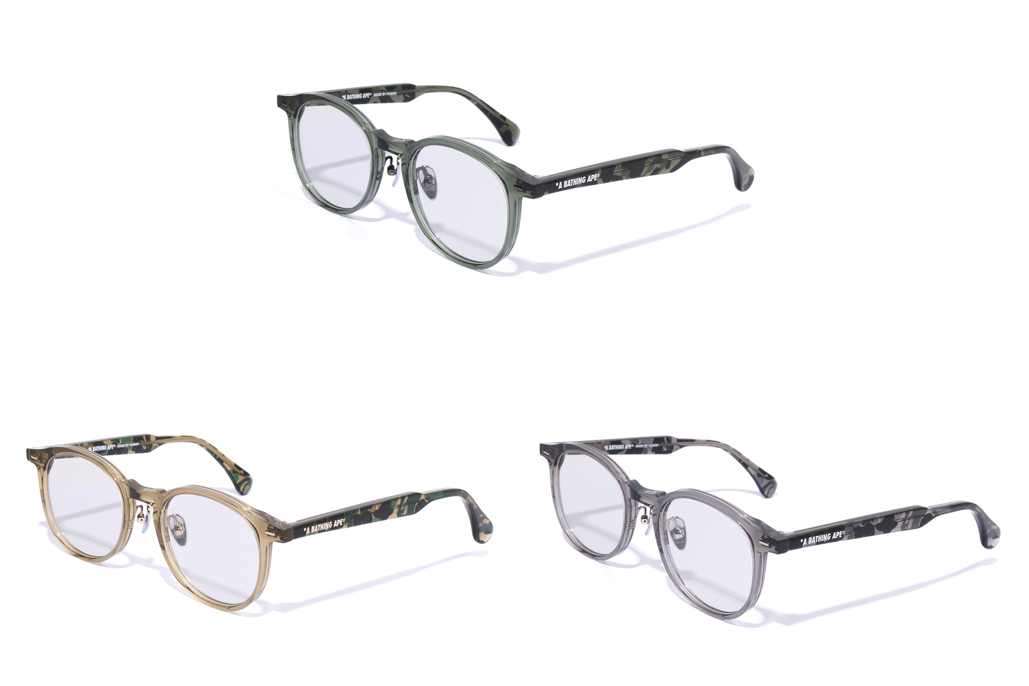 Three pairs of stylish eyeglasses in different colors and designs.