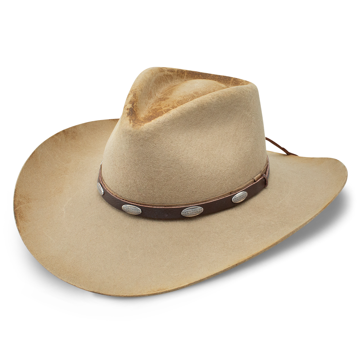 A beige cowboy hat with a brown band and silver accents.