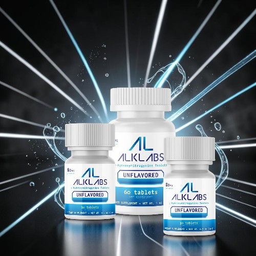 Three bottles of ALKLABS supplements with a dynamic background.
