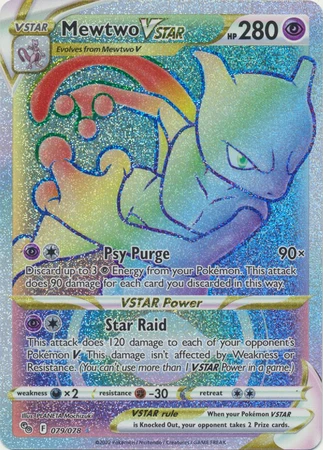 Mewtwo VSTAR Pokémon card with abilities and artwork featuring a shiny holographic design.