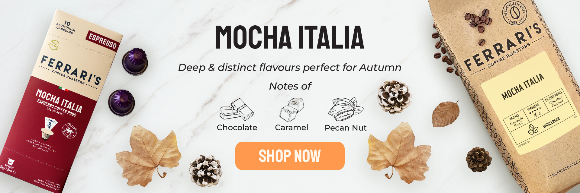 Mocha Italia Coffee Beans and Pods - Deep and Distinct flavours perfect for Autumn
